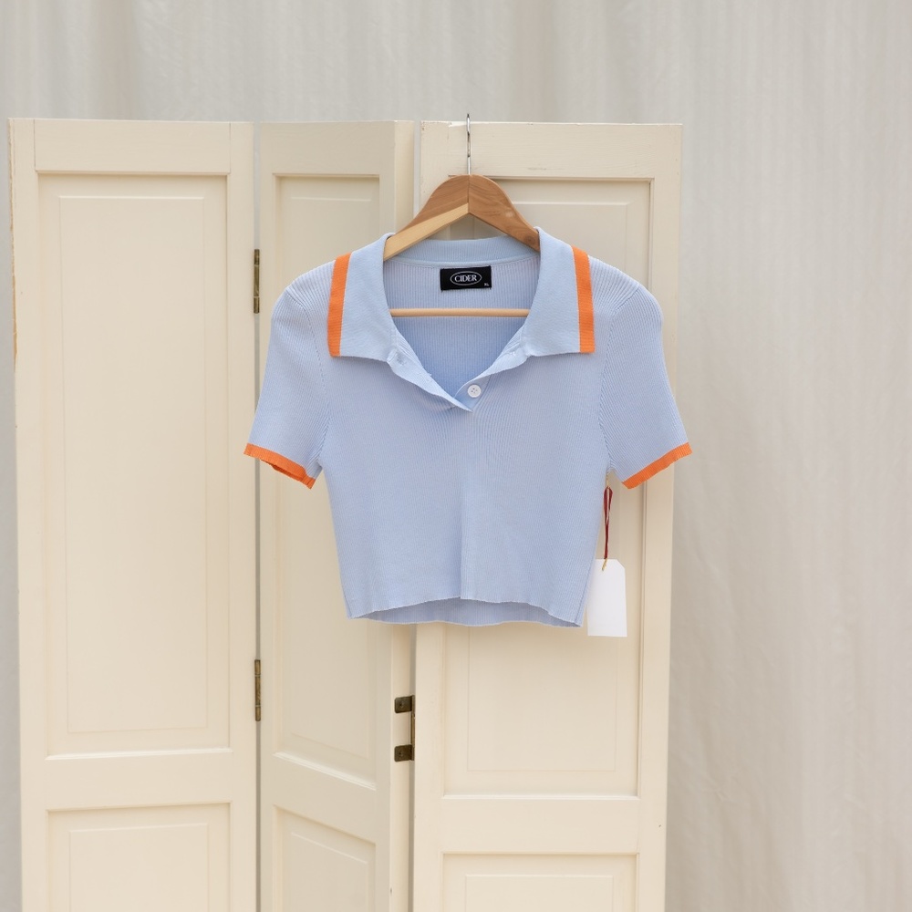 Blue Cropped Woven Polo